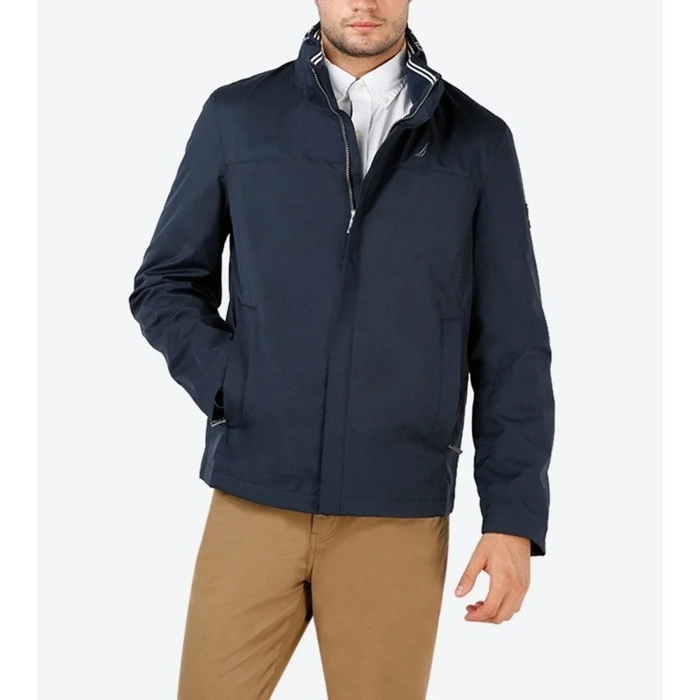 Nautica Mens Navy Blue Jacket Full Zip Hidden Hood Collar Logo Water Resistant S